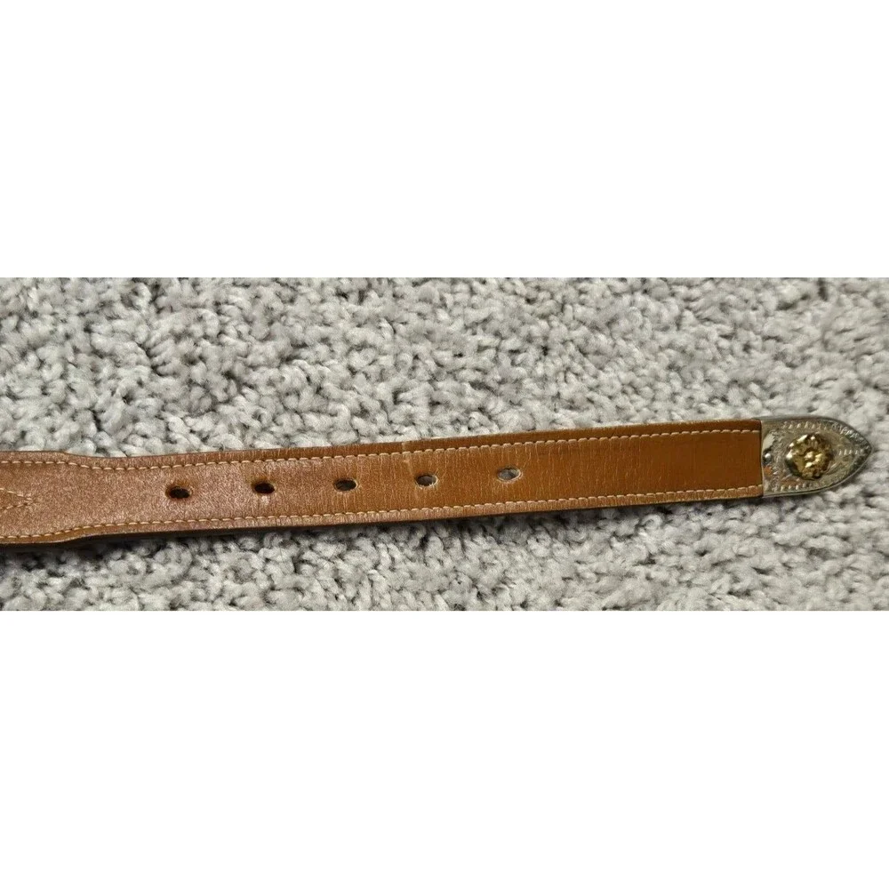 Justin Tan Stitch Western Leather Belt Silver Gold Tone Flower Buckle Youth